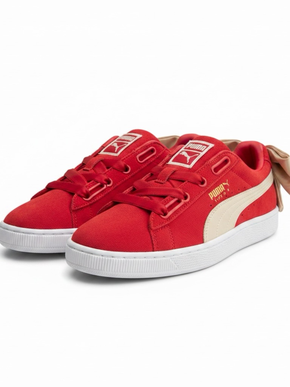 Puma Suede Bow Varsity Red Gold Leather Low Lace Up Womens Trainers Size 8.5